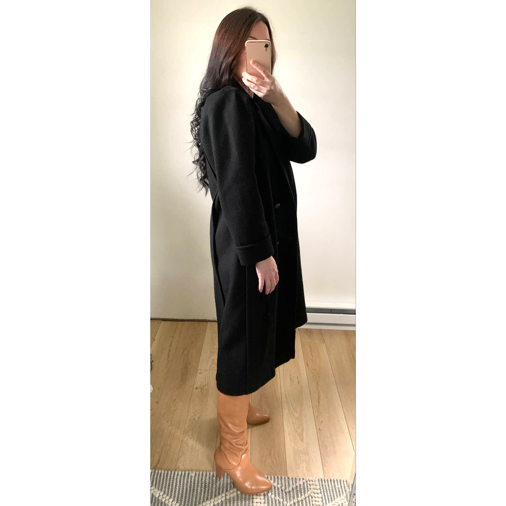 Vintage Black Double Breasted Long Wool Coat Pleated Puff Shoulder sz 8 Petite - Picture 5 of 15